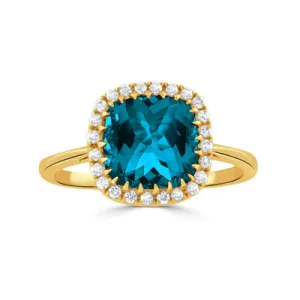 18K YELLOW GOLD DIAMOND AND LONDON BLUE TOPAZ RING