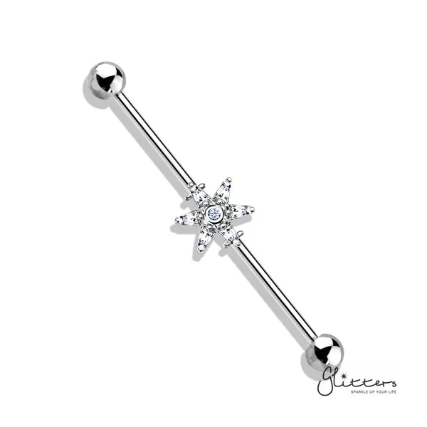 316L Surgical Steel Industrial Barbells with 6 Princess Cut CZ Petal Flower