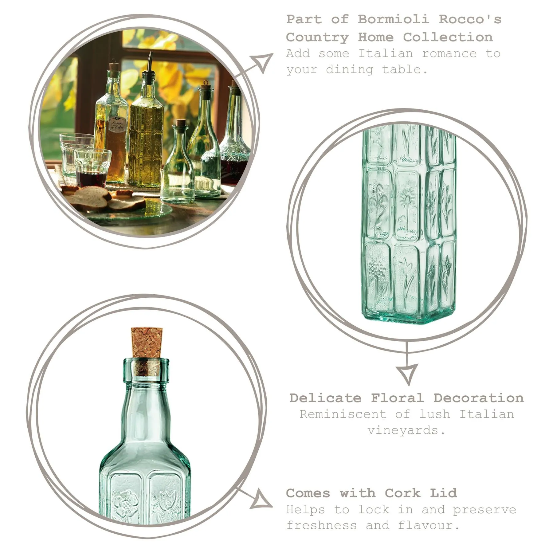 500ml Country Home Green Fiori Olive Oil Glass Bottle with Cork Lid - By Bormioli Rocco