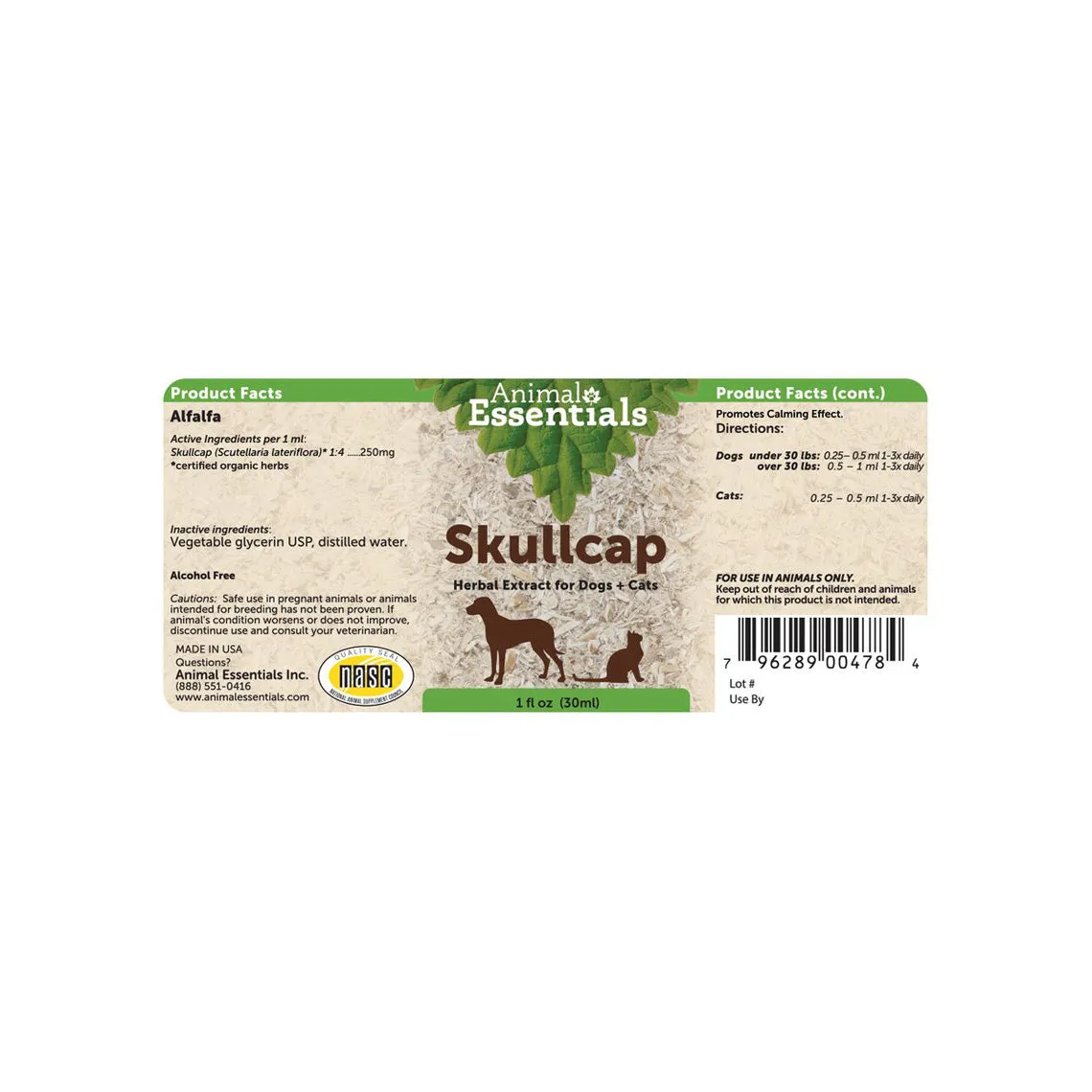 Animal Essentials Skullcap Calming Herbal Extract Liquid for Dogs & Cats