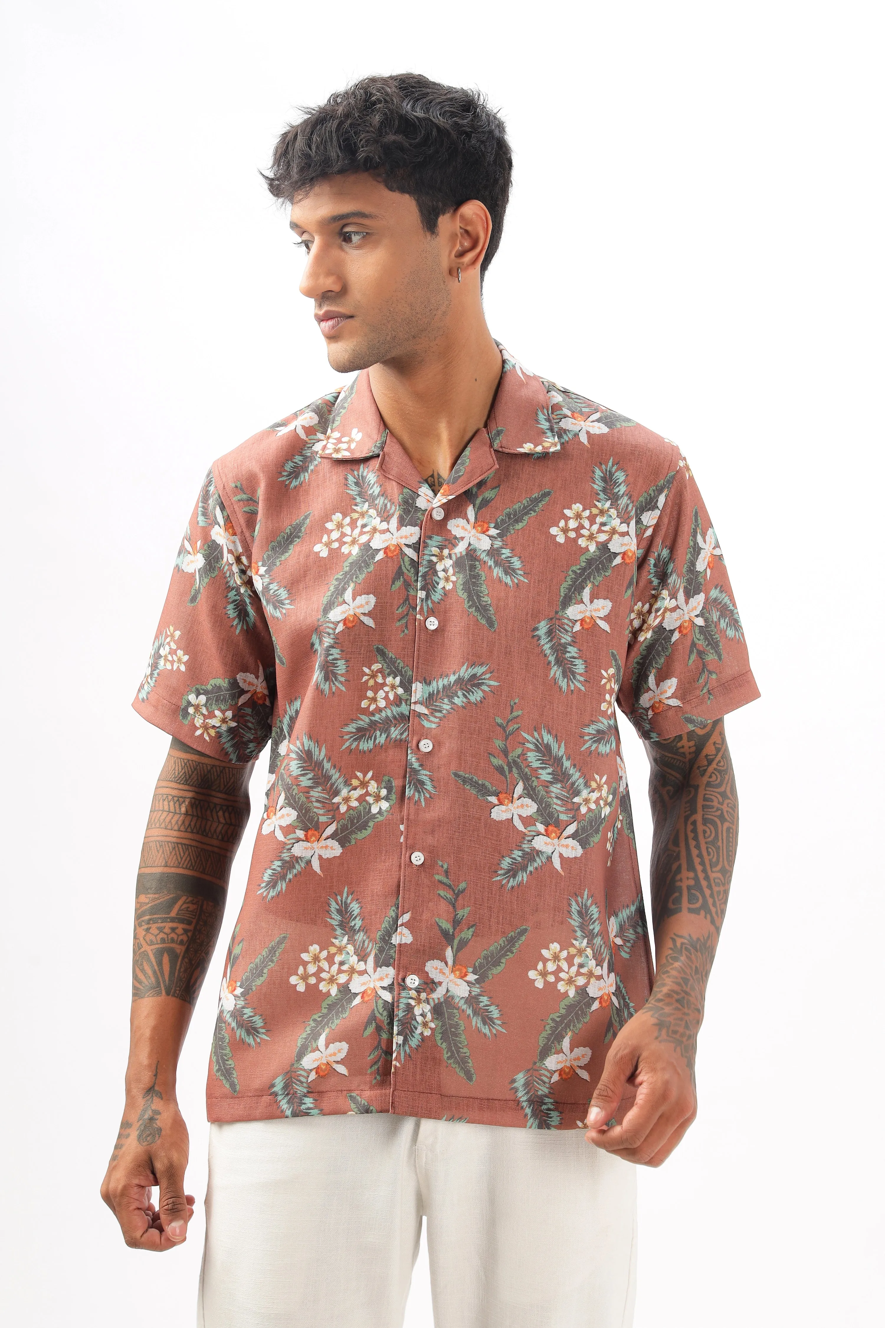 Brown floral printed linen shirt