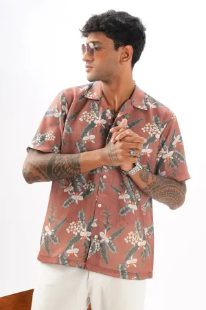 Brown floral printed linen shirt