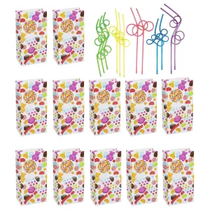 Candy Party Supplies - Sweet Treat Bags with Fun Loop Straws for 12 Guests