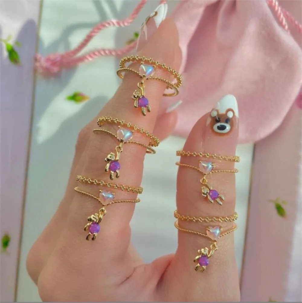 Chic Sweet Floral Butterfly Bear Heart Ring