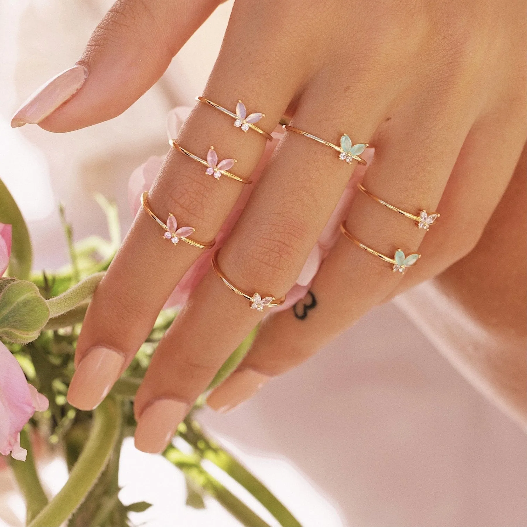 Chic Sweet Floral Butterfly Bear Heart Ring