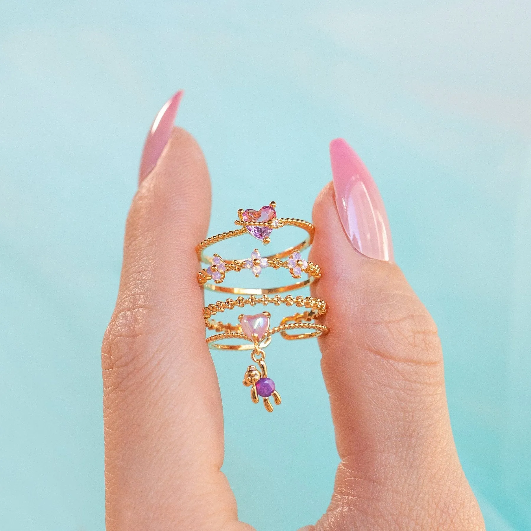 Chic Sweet Floral Butterfly Bear Heart Ring