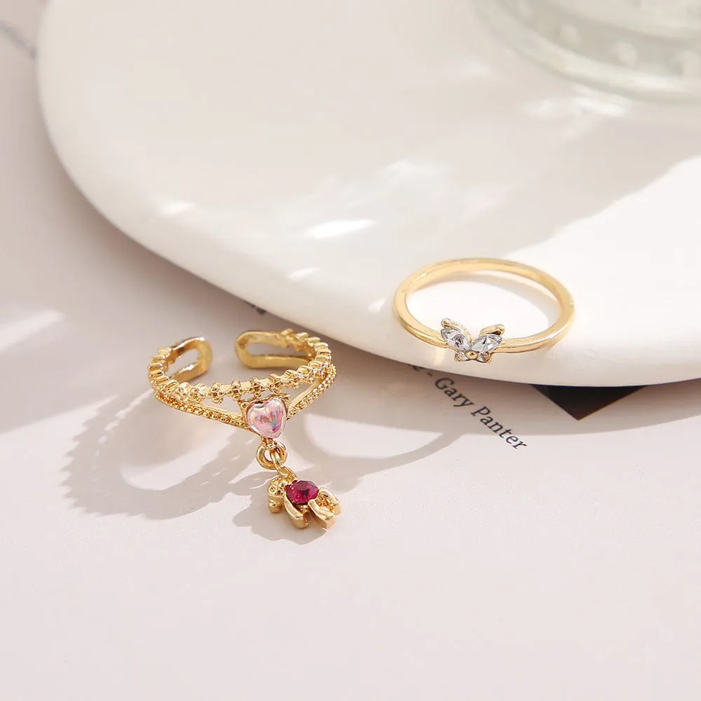 Chic Sweet Floral Butterfly Bear Heart Ring