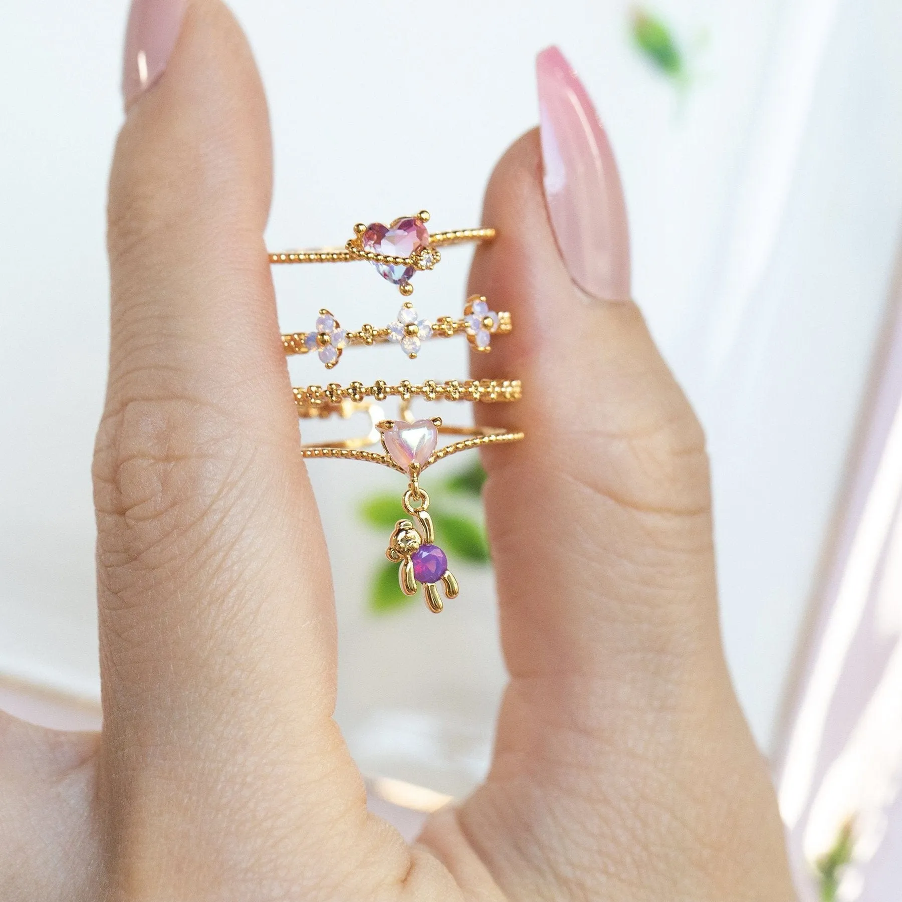Chic Sweet Floral Butterfly Bear Heart Ring