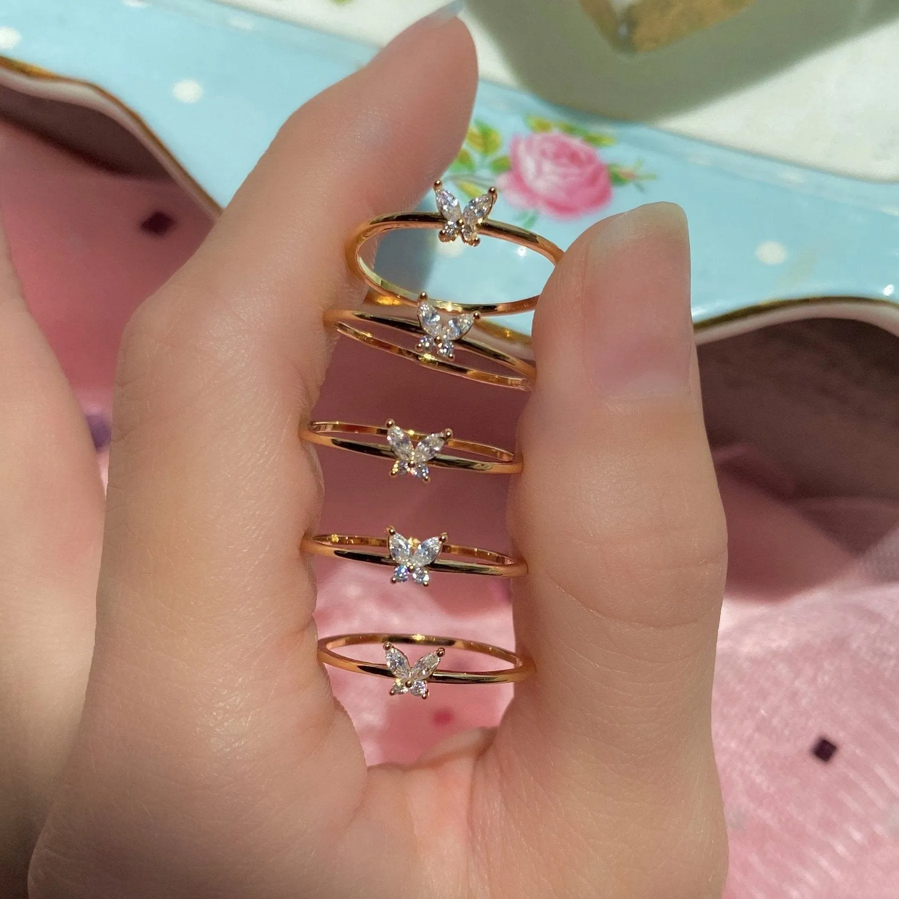 Chic Sweet Floral Butterfly Bear Heart Ring