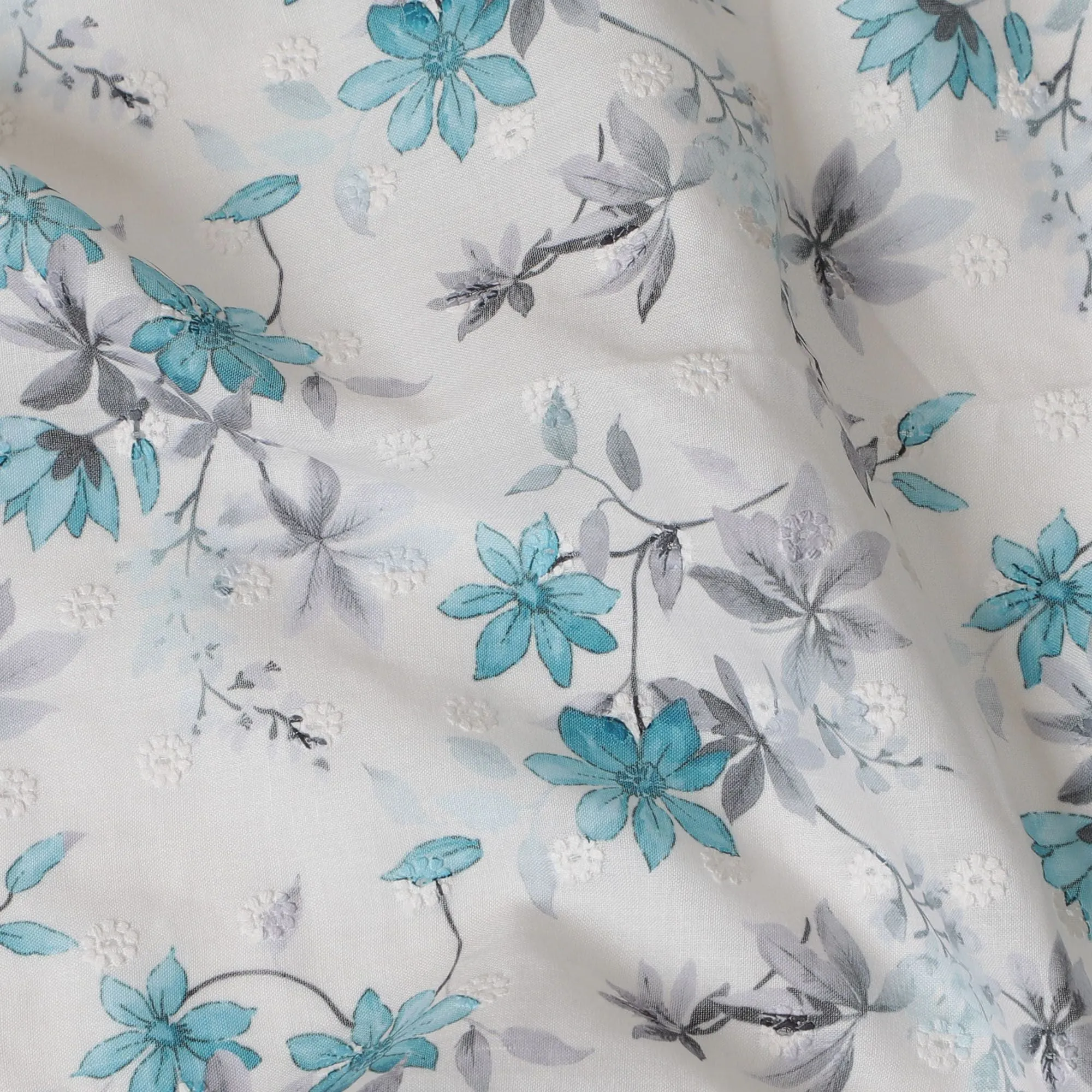 Cool Breeze Blue Floral Embroidered Cotton Lawn Fabric, 110cm Wide - Sold by the Meter from India-D18865