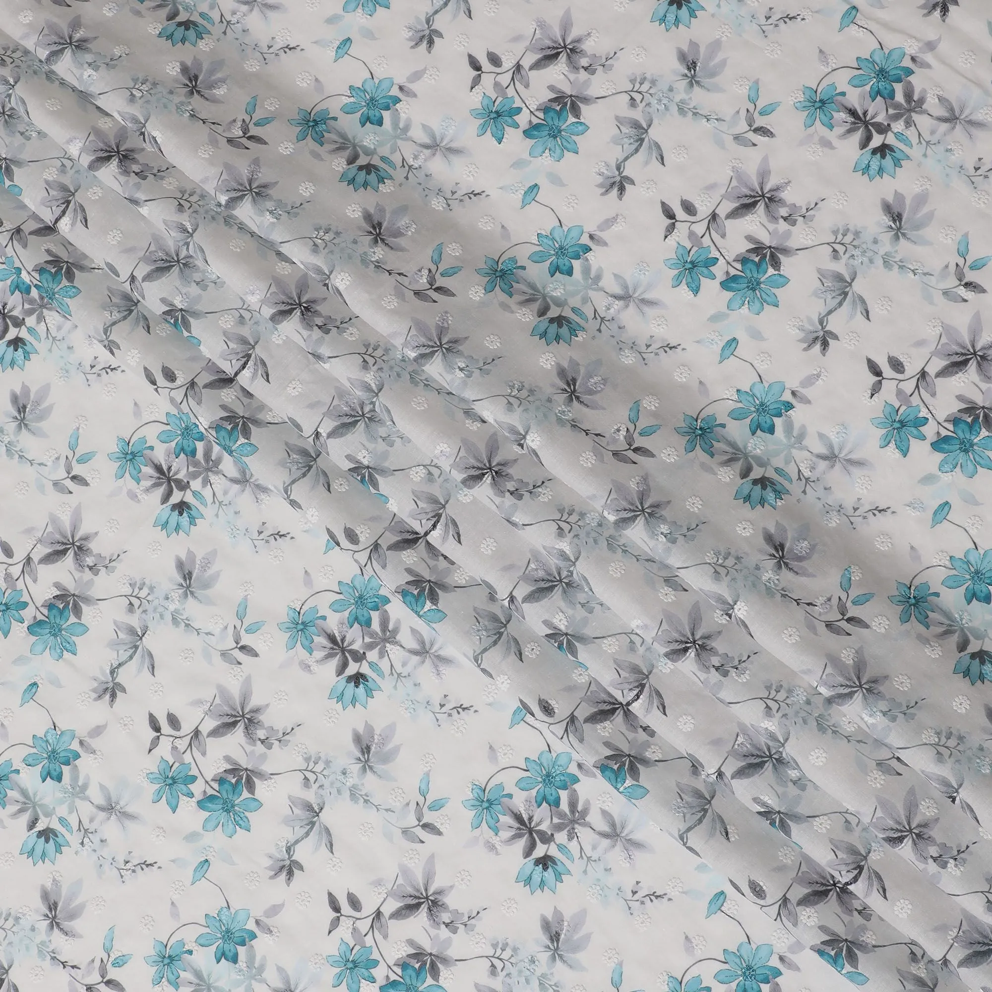 Cool Breeze Blue Floral Embroidered Cotton Lawn Fabric, 110cm Wide - Sold by the Meter from India-D18865