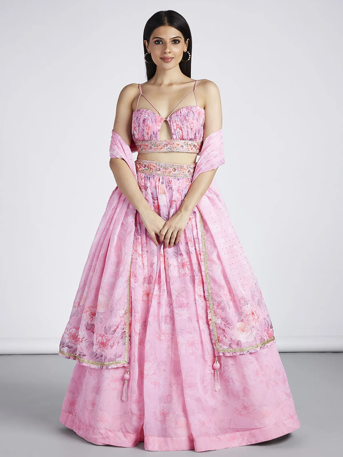 Coral colour Organza Floral design digital print Semi-Stitched Lehenga choli & Dupatta