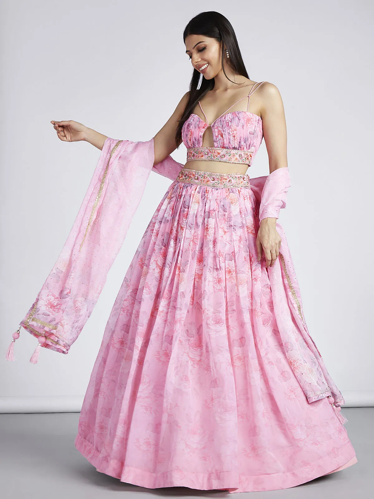 Coral colour Organza Floral design digital print Semi-Stitched Lehenga choli & Dupatta