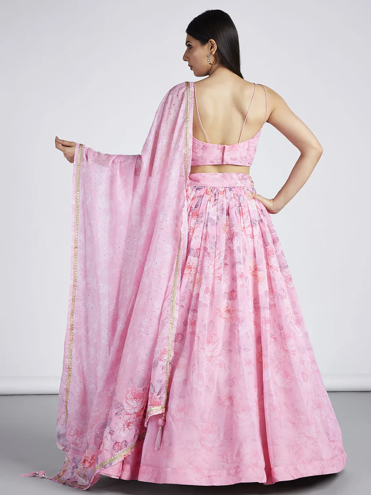 Coral colour Organza Floral design digital print Semi-Stitched Lehenga choli & Dupatta