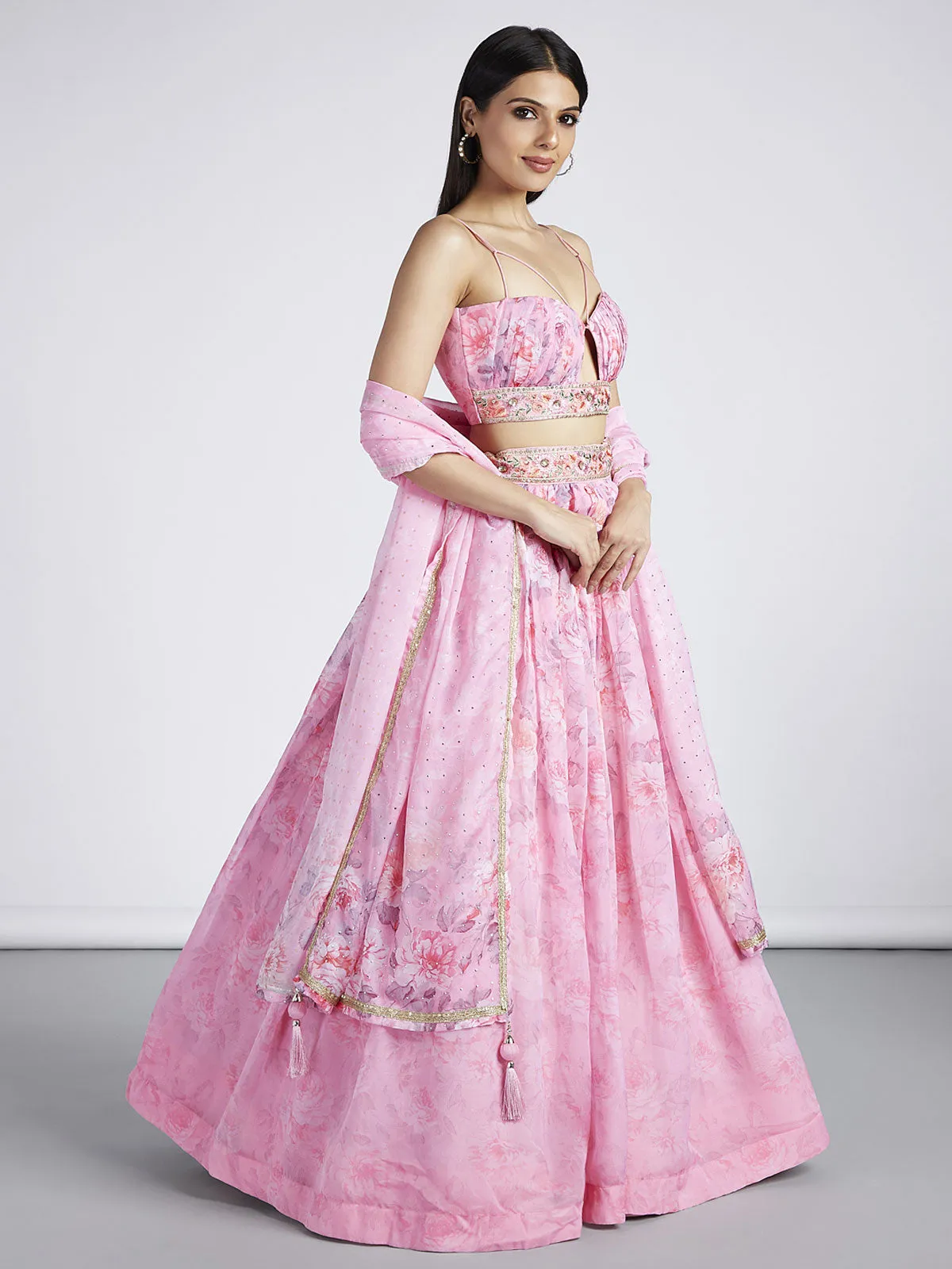 Coral colour Organza Floral design digital print Semi-Stitched Lehenga choli & Dupatta