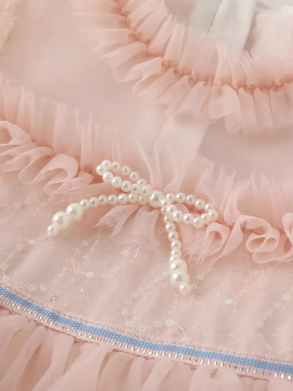 Girls Flower Mesh Princess  with Pearls and Tulle Layers Dress