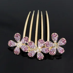 Gold Finish Rhinestone 3 Flowers French Twist Up-do Comb