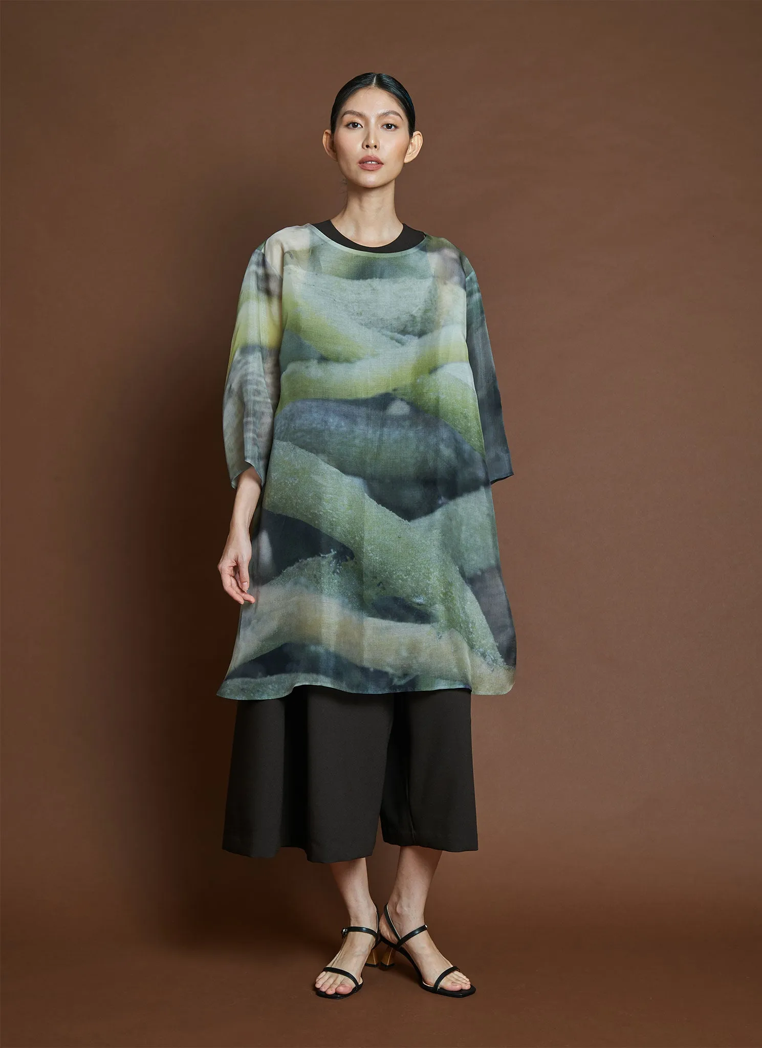 Grain Printed Organza Silk Dress / Size S - Roots Print