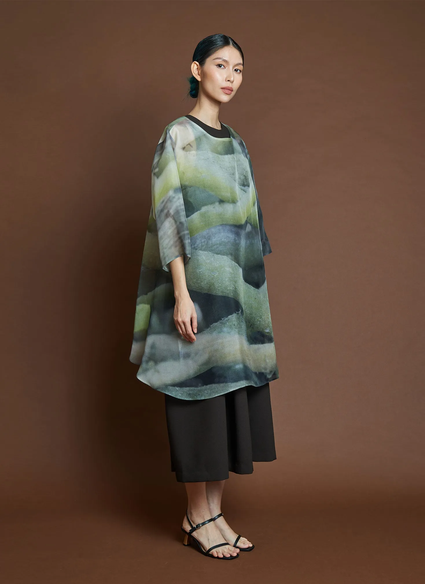 Grain Printed Organza Silk Dress / Size S - Roots Print