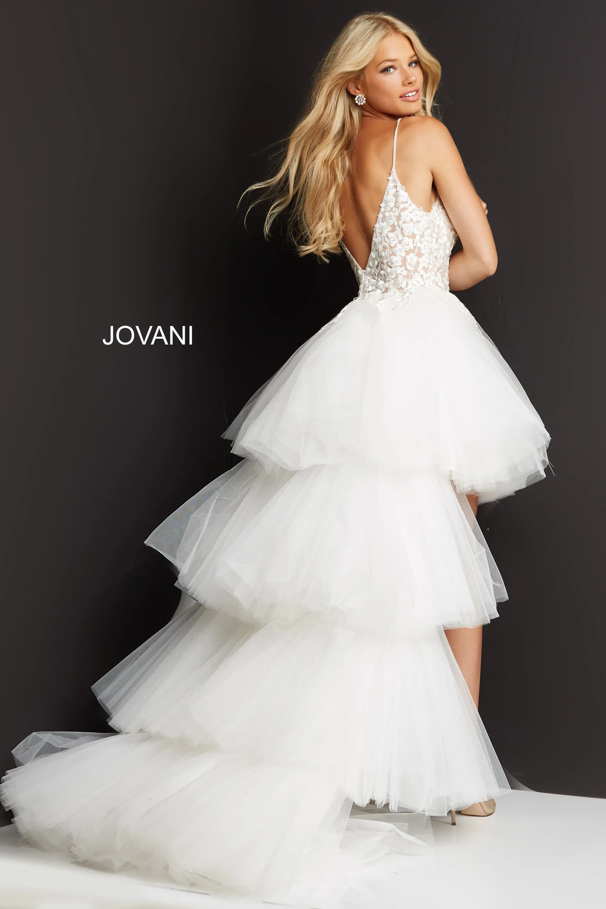 Jovani 07263 Size 4 Mint High Low Prom Dress Embroidered Floral Bodice Pleated Train Layered Ruffle Lace Sheer