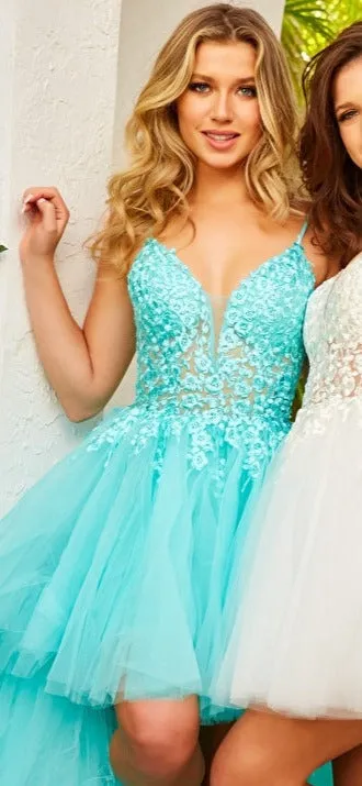Jovani 07263 Size 4 Mint High Low Prom Dress Embroidered Floral Bodice Pleated Train Layered Ruffle Lace Sheer