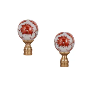 Set of 2 Red Floral Hand Painted Porcelain Finial