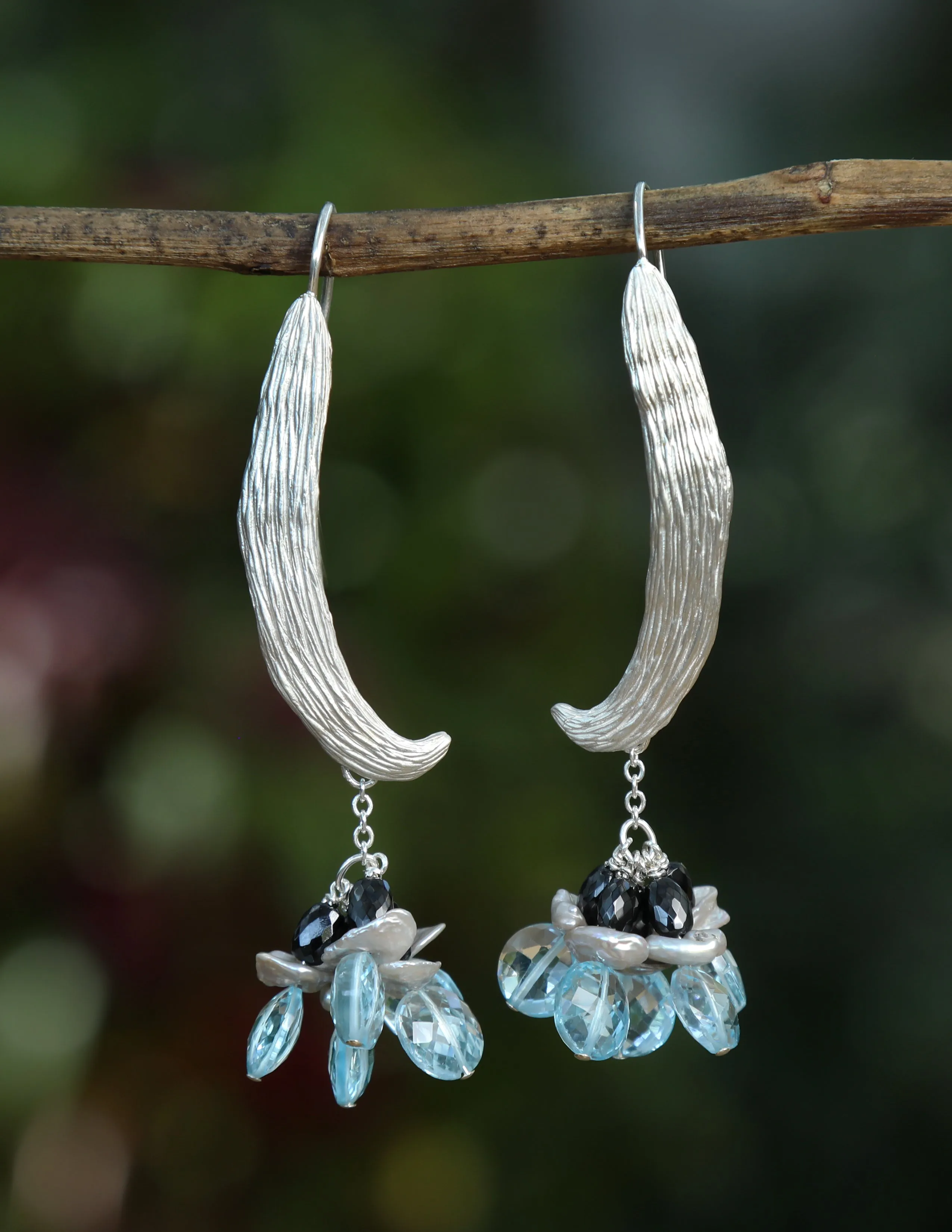 Sky Blue Topaz, Keshi Pearl, Black Spinel, and Silver Ear Wires