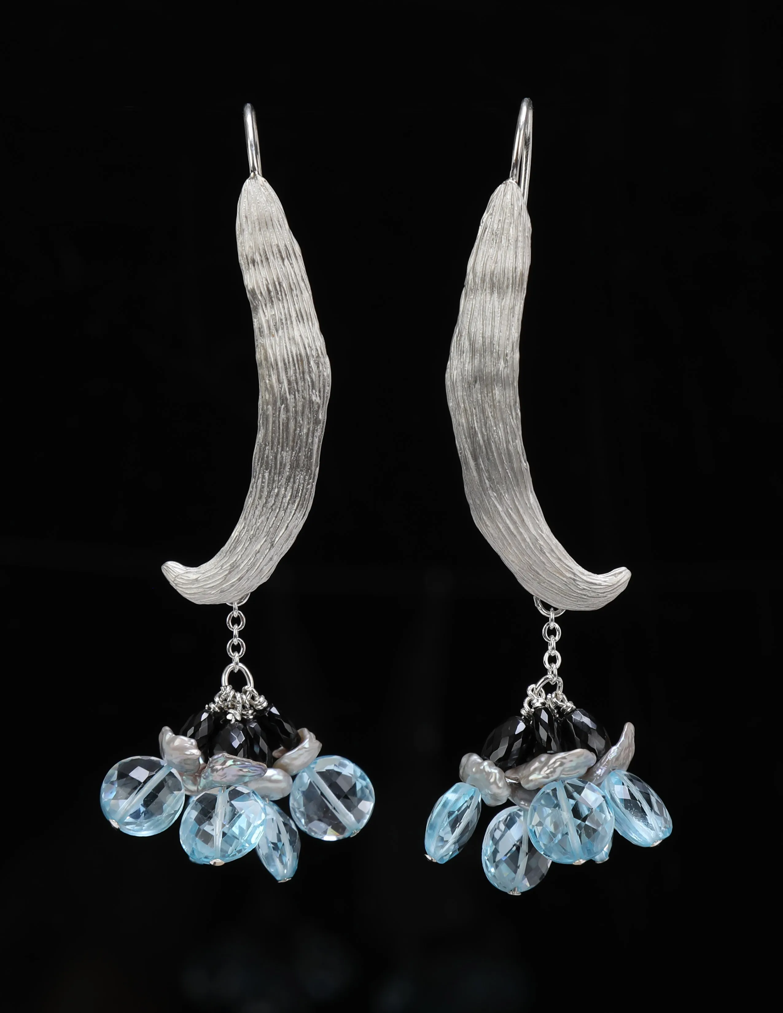 Sky Blue Topaz, Keshi Pearl, Black Spinel, and Silver Ear Wires
