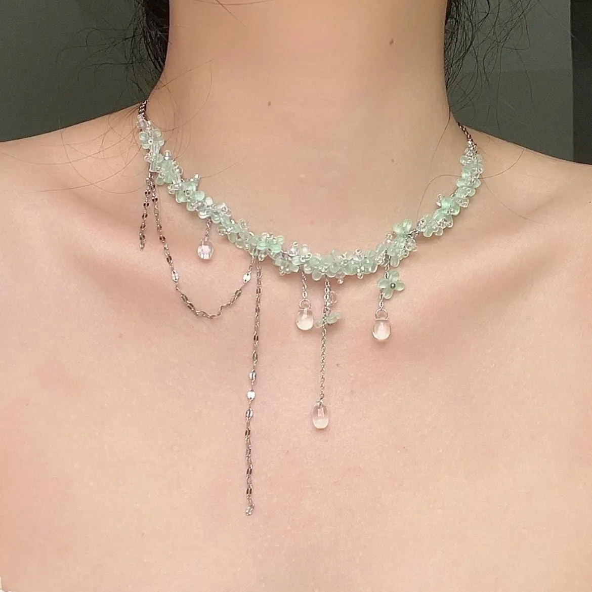 Sweet Glass Flower Beaded Crystal Necklace