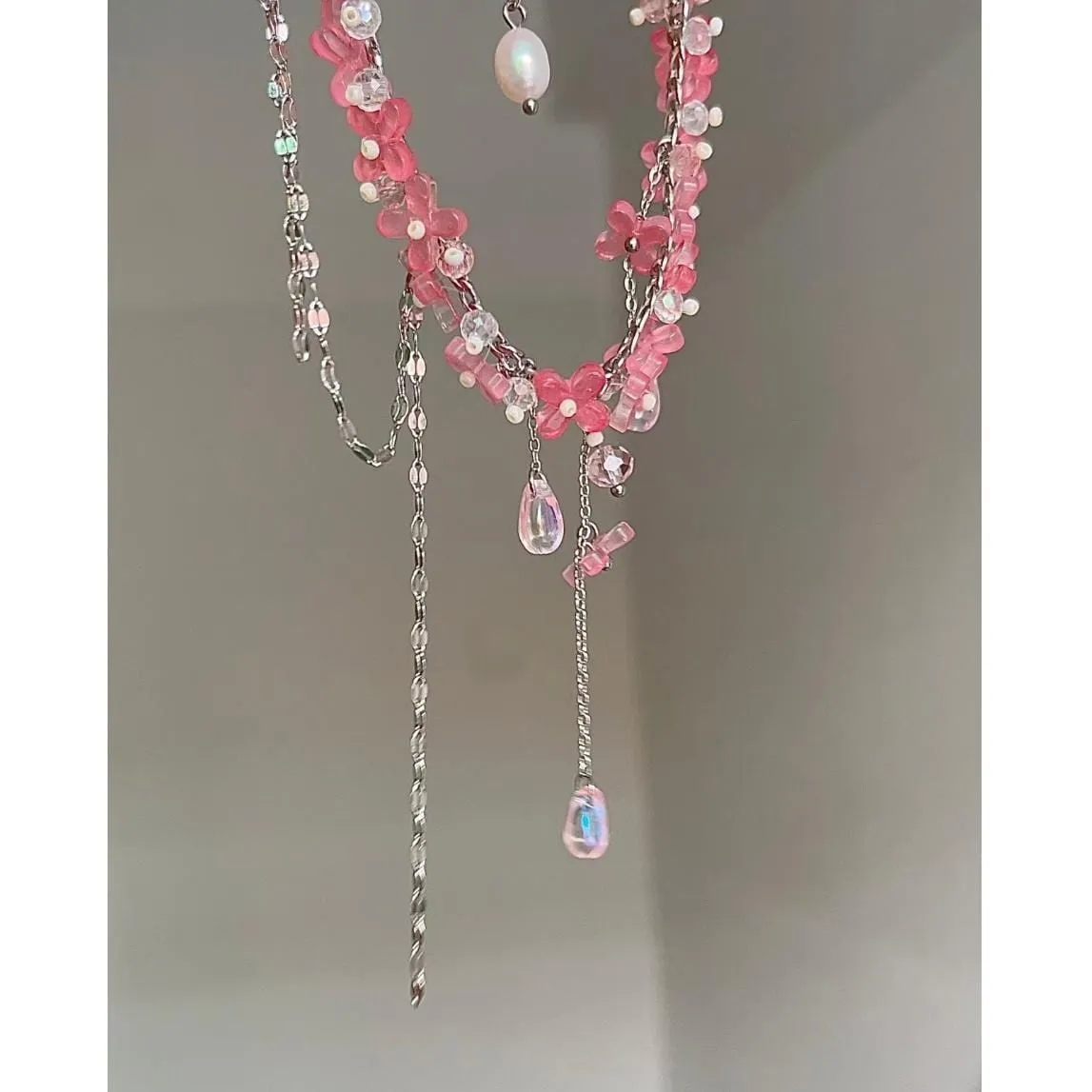 Sweet Glass Flower Beaded Crystal Necklace