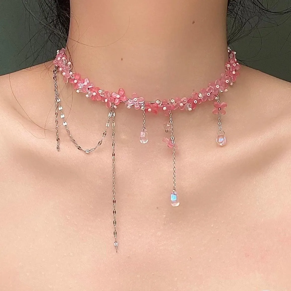 Sweet Glass Flower Beaded Crystal Necklace