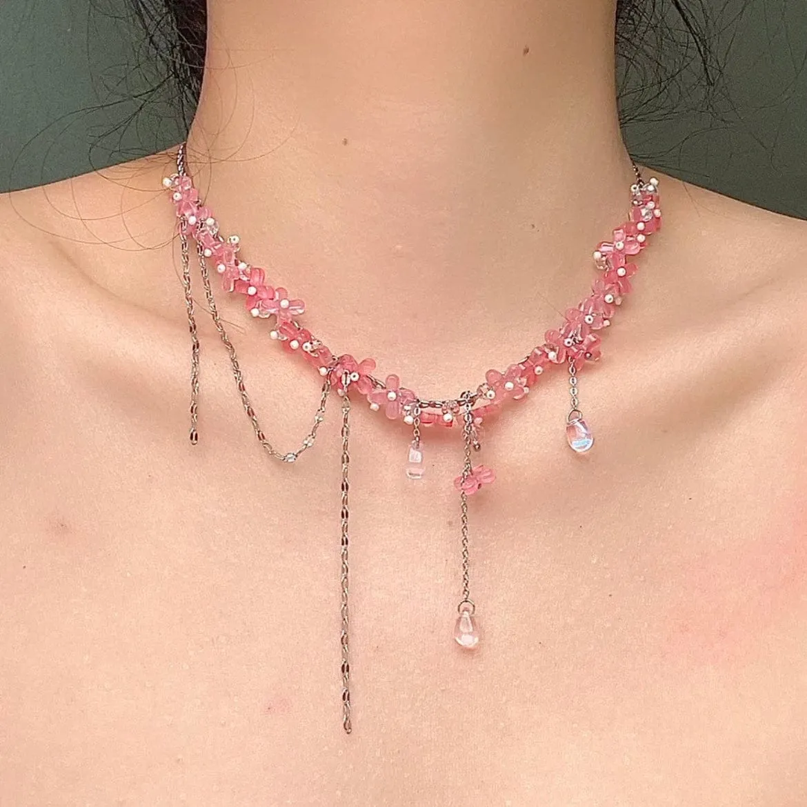 Sweet Glass Flower Beaded Crystal Necklace