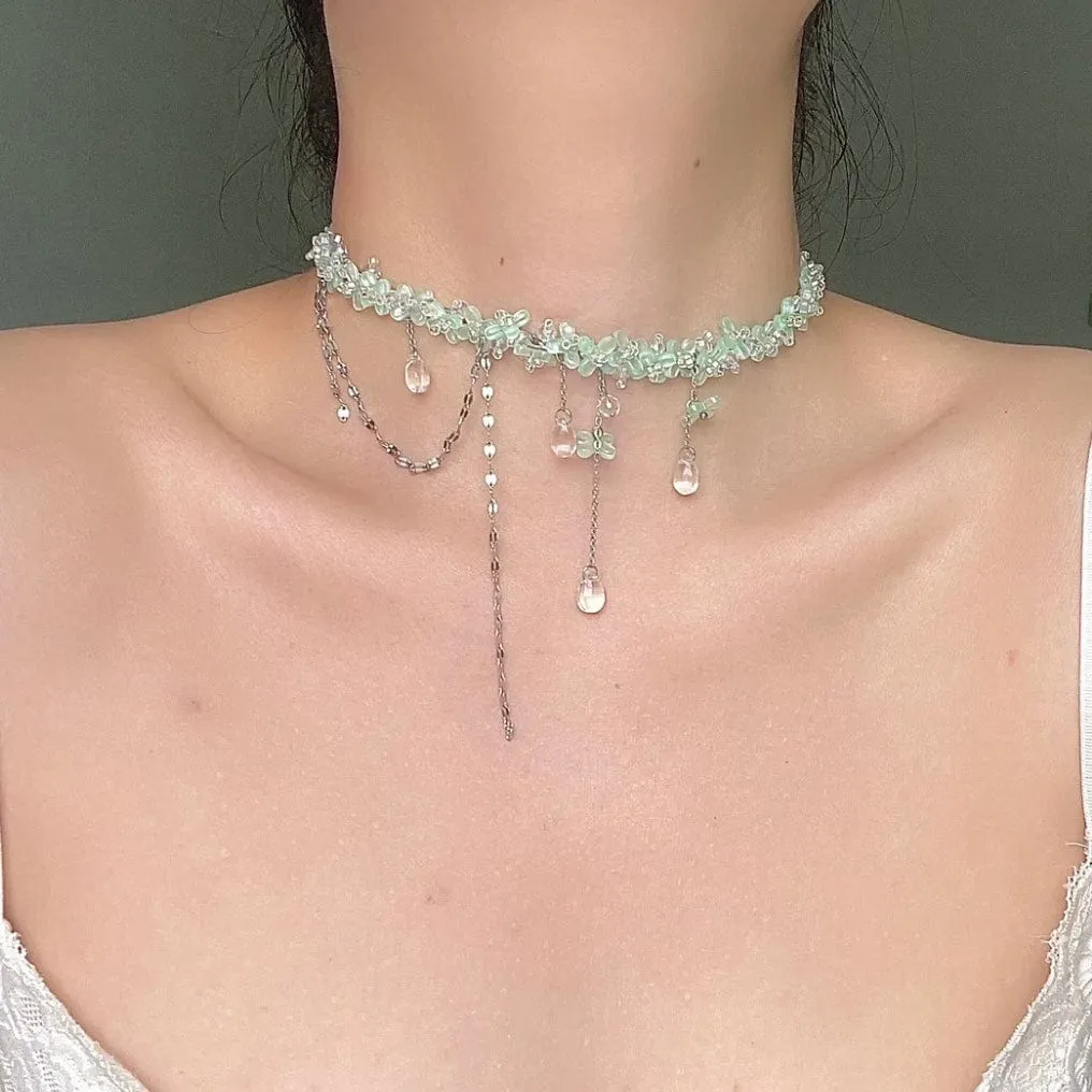 Sweet Glass Flower Beaded Crystal Necklace